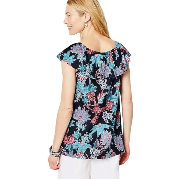 J Jill Sarasa Wide Leg Crop Pant + Ruffle Linen Top Tropical Print Co-or… - Picture 7 of 16